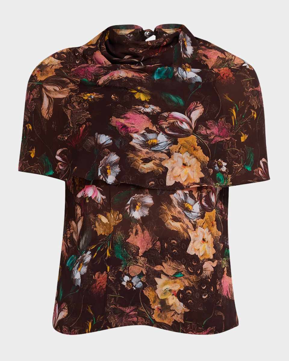 Cowl-Neck Floral Short-Sleeve Blouse